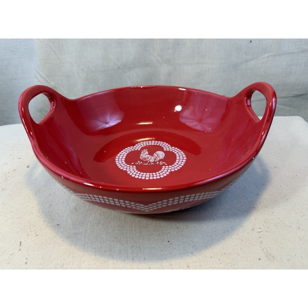 Temp-tations Doodle Doo 3QT Red Serving Bowl w Handles NEW In Box 11" Oven